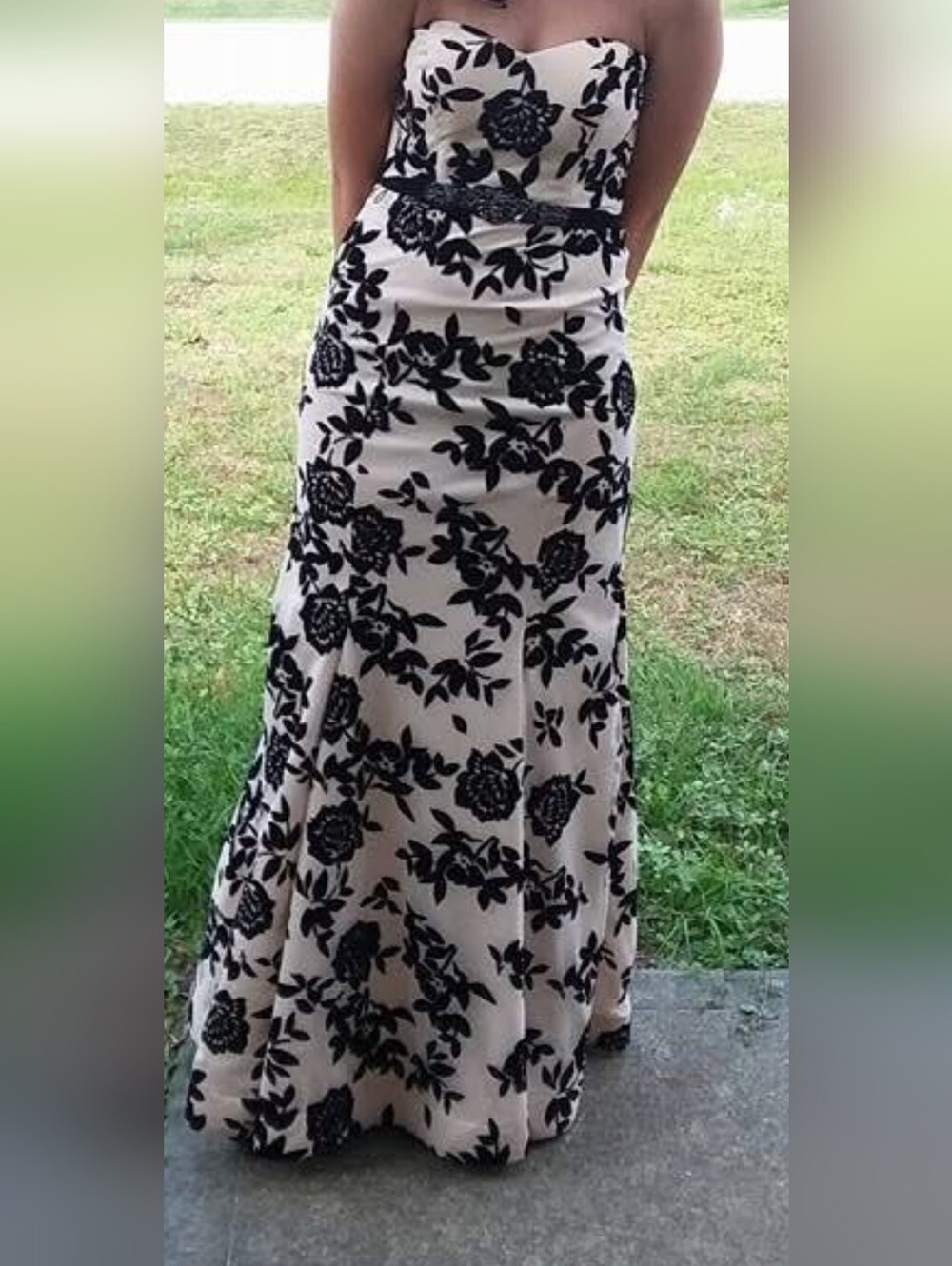 B Darlin Beige Maxi Dress with Black Floral Velvet Appliqué